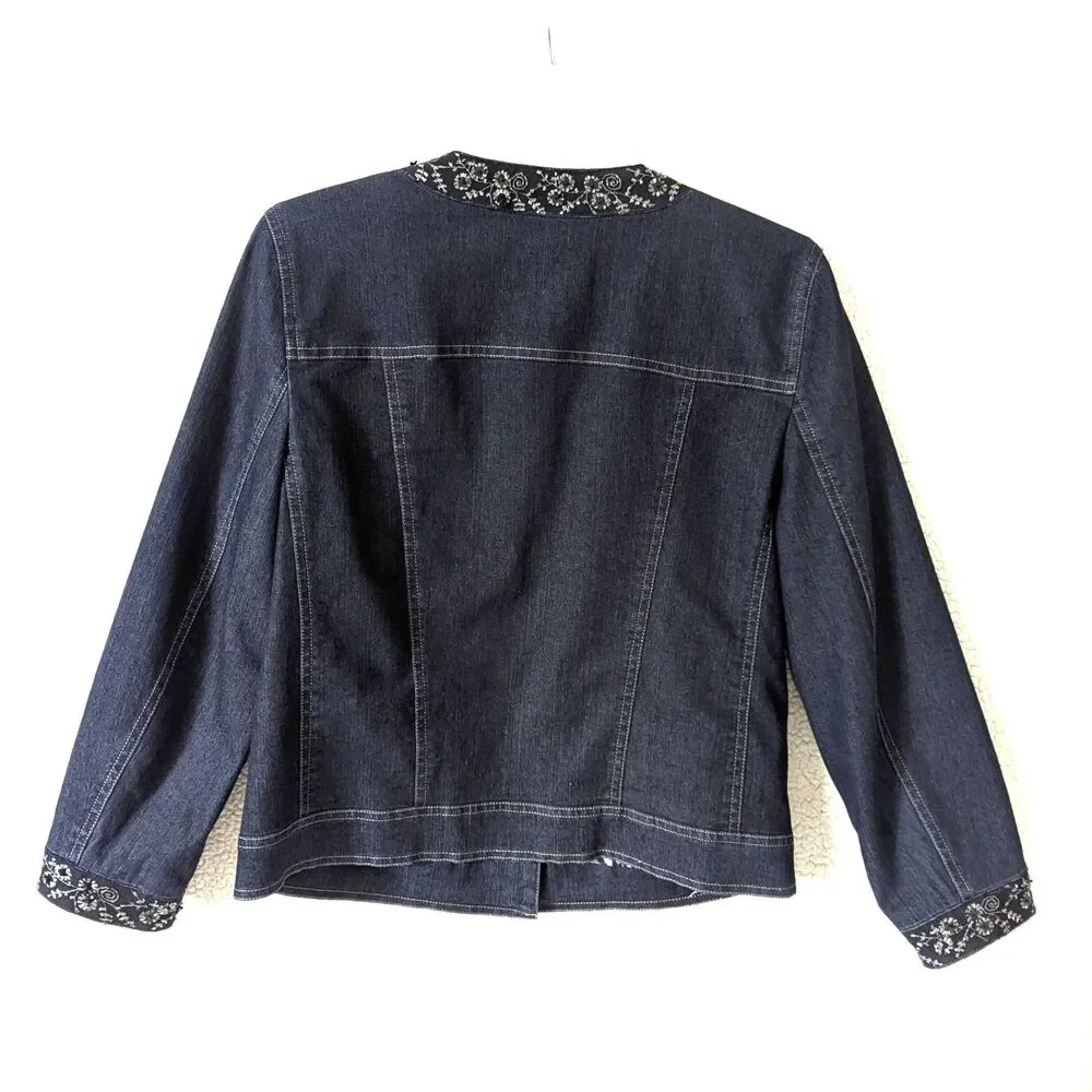 Focus 2000 Vintage Denim Jacket 10 Dark Wash Embroidered Sequin Collar Y2K
